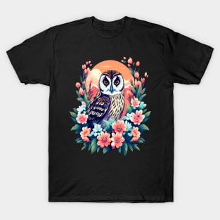 A Cute Short Eared Owl Surrounded by Bold Vibrant Spring Flowers T-Shirt